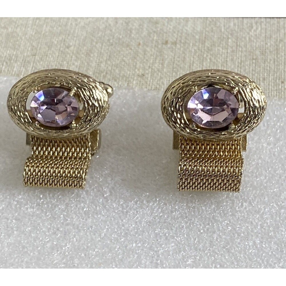 Vintage Signed Dante Mesh Cufflinks Gold Tone Purple Stone Textured Wraparound